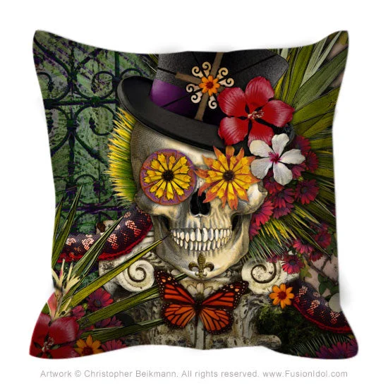 Baron In Bloom Throw Pillow - New Orleans Inspired Floral Skull Pillow