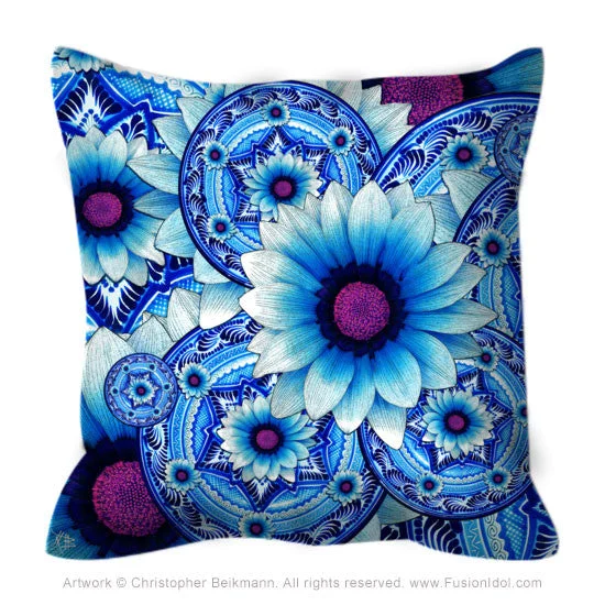 Blue and Purple Floral Throw Pillow - Talavera Alejandra