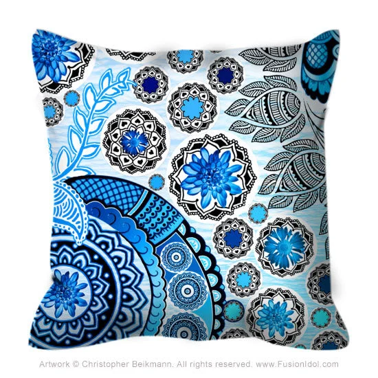 Blue Floral Paisley Pillow - Blue Mehndi