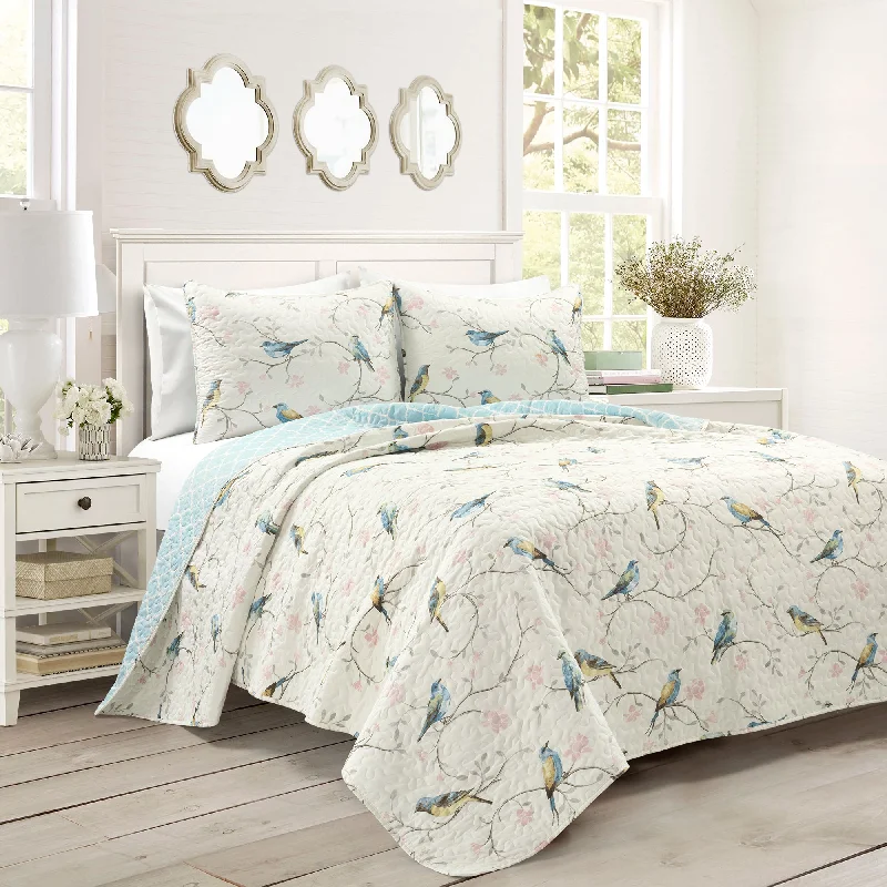 Botanical Bird And Flower Oversized Reversible Quilt Multi 3Pc Set King