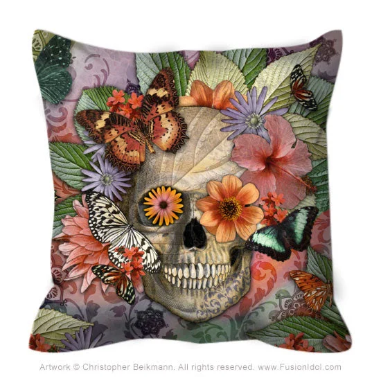 Butterfly Botaniskull Throw Pillow - Botanical Sugar Skull Pillow