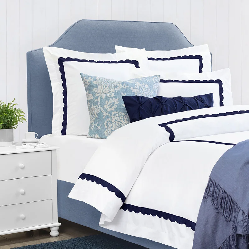 Camellia Navy Scalloped Percale Duvet Cover