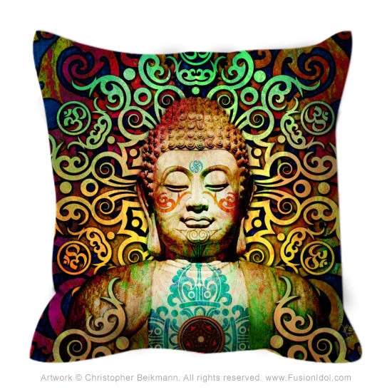 Colorful Tribal Buddha Art Throw Pillow - Heart of Transcendence