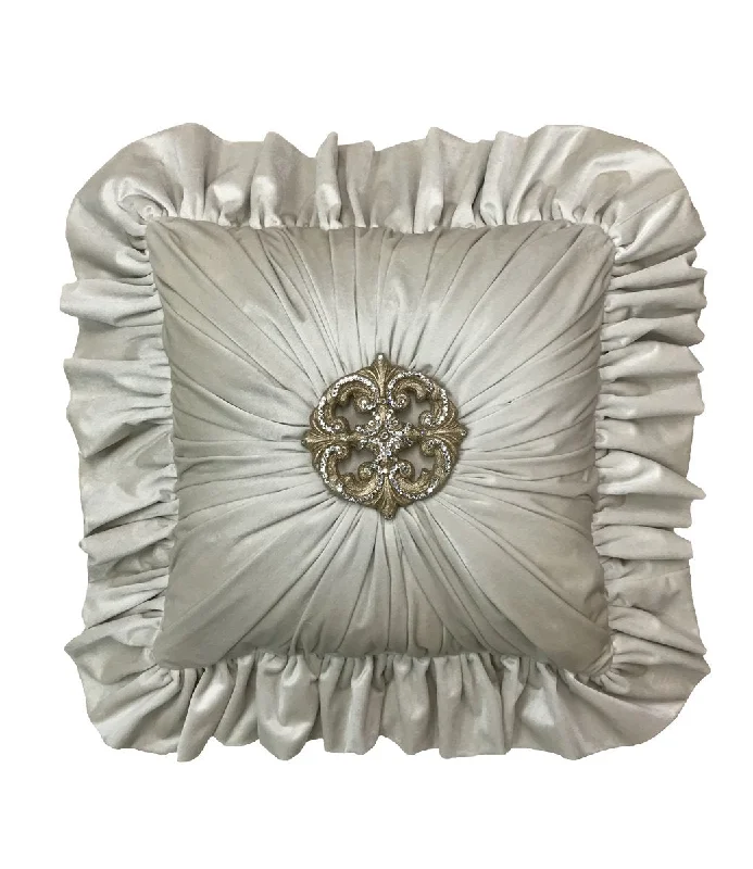 Cream Velvet Designer Accent Pillow Jeweled Medallion