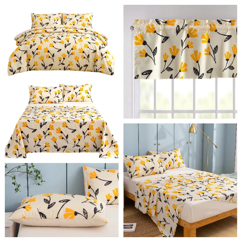 DaDa Bedding Yellow Fleur Golden Orange Botanical Ivory Duvet Cover & Fitted Flat Bed Sheets Set w/ Pillow Cases Window Valances (18112)