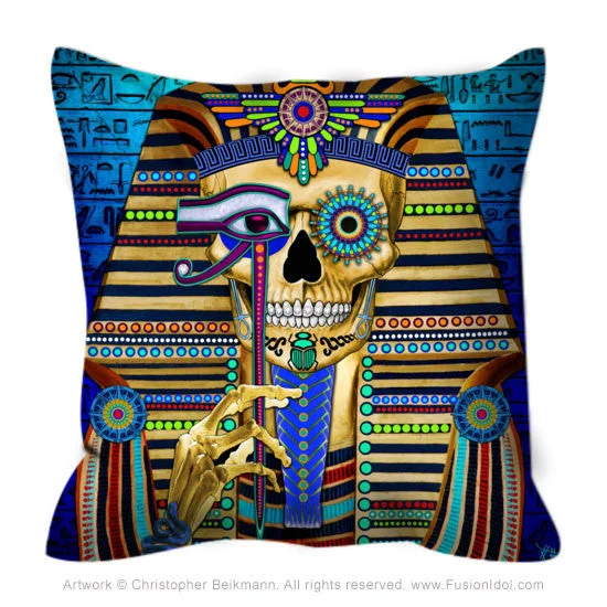 Funky Bone Pharaoh Throw Pillow - Egyptian Sugar Skull Pillow