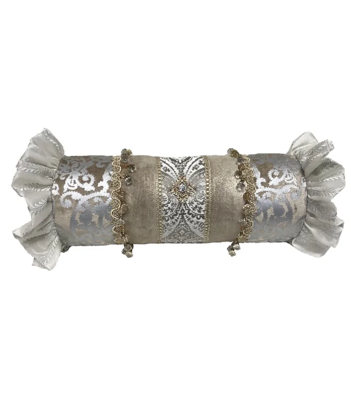 Glam Decorative Pillow Bolster Silver and Off White