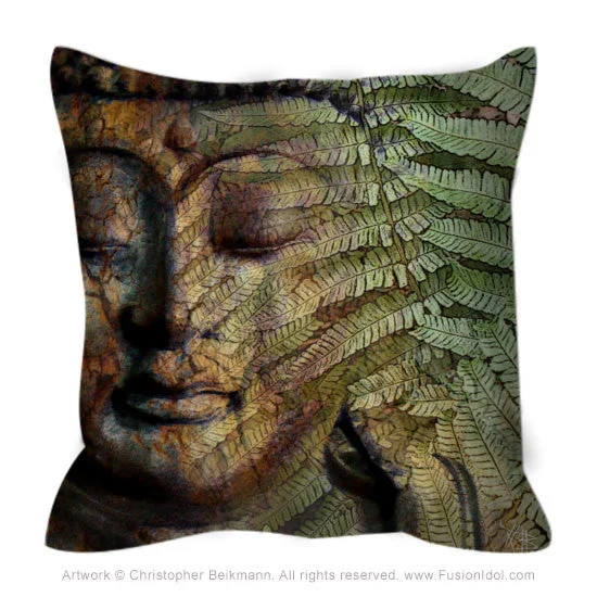 Green and Brown Fern Buddha Throw Pillow - Convergence of Thought