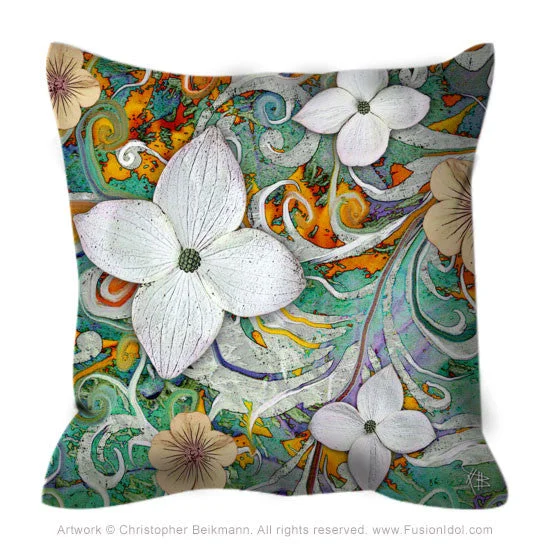 Green and Orange Dogwood Flower Throw Pillow - Sangria Flora