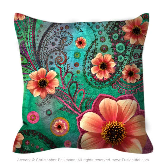 Green and Orange Modern Floral Throw Pillow - Paisley Paradise