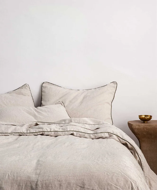 Piped Linen Duvet Cover Set - Natural and Forest