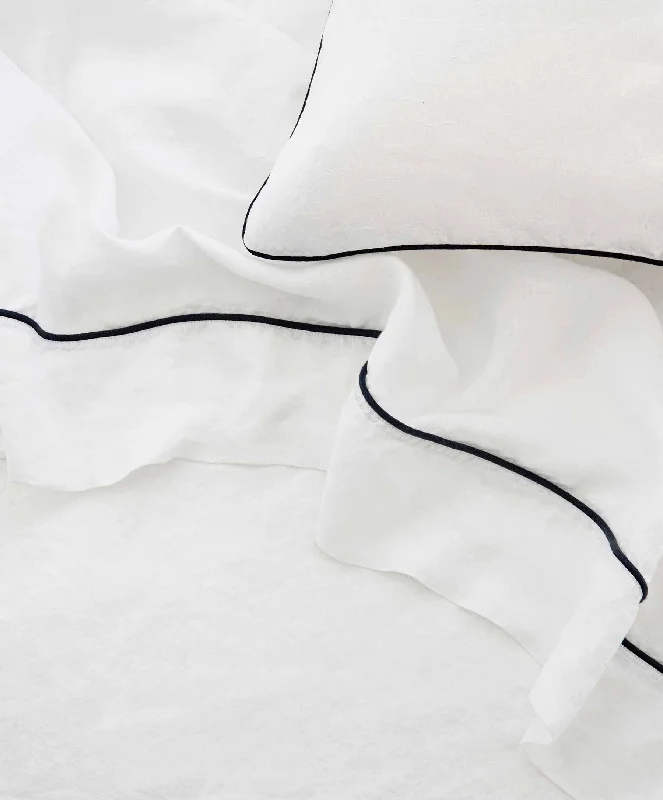 Piped Linen Flat Sheet - White and Navy