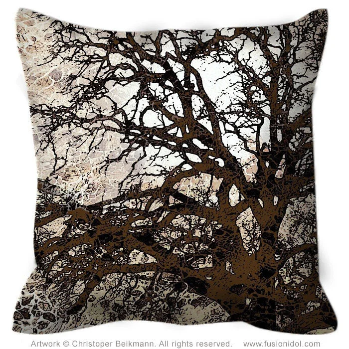 Tan and Brown Tree Silhouette Throw Pillow - Autumn Moonlit Night