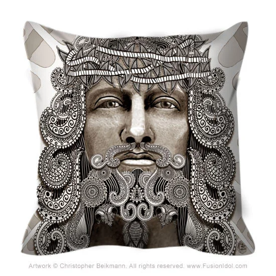 Tan Paisley Jesus Throw Pillow - Redeemer Christ Iconography Art